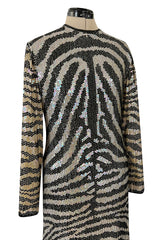 Iconic Late 1970s Halston Rare Iridescent Gold & Black Sequin Tiger Print Dress