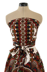 Fantastic 1970s Strapless Extended Multi Tie Bohemian Cotton Batik Print Dress