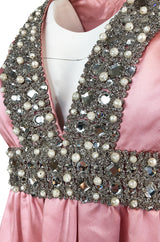 c.1966 Oscar De La Renta Pink Silk Satin & Silver Embellished Dress