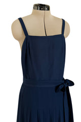 Chic 1970s Christian Dior by Marc Bohan Minimalist Blue Silk Chiffon Drop Waist Dress