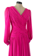 Gorgeous 1980s Richeline 'Valentino' Pink Silk Chiffon Dress w Full Sleeves & Plunge Front