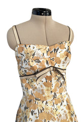 Rare 1960s Jane Derby by Oscar de la Renta Floral Print Dress w Ribbon & Bubble Skirt Detail