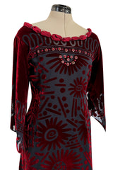 Gorgeous 1980s Zandra Rhodes Deep Red Cut Velvet Caftan Dress w Beaded Detailing