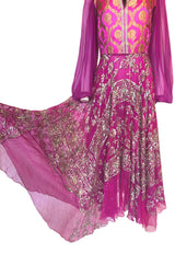 c1969 Thea Porter Couture Gold Brocade & Silver Metal Embroidered Fuchsia Dress