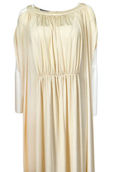 Rare 1970s Yuki Ivory Draped Jersey Open Shoulder Caftan Dress