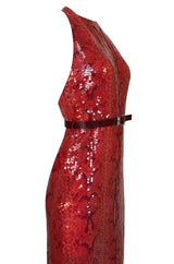 Documented 1974 Bill Blass Red Sequin Snakeskin Print Halter Dress