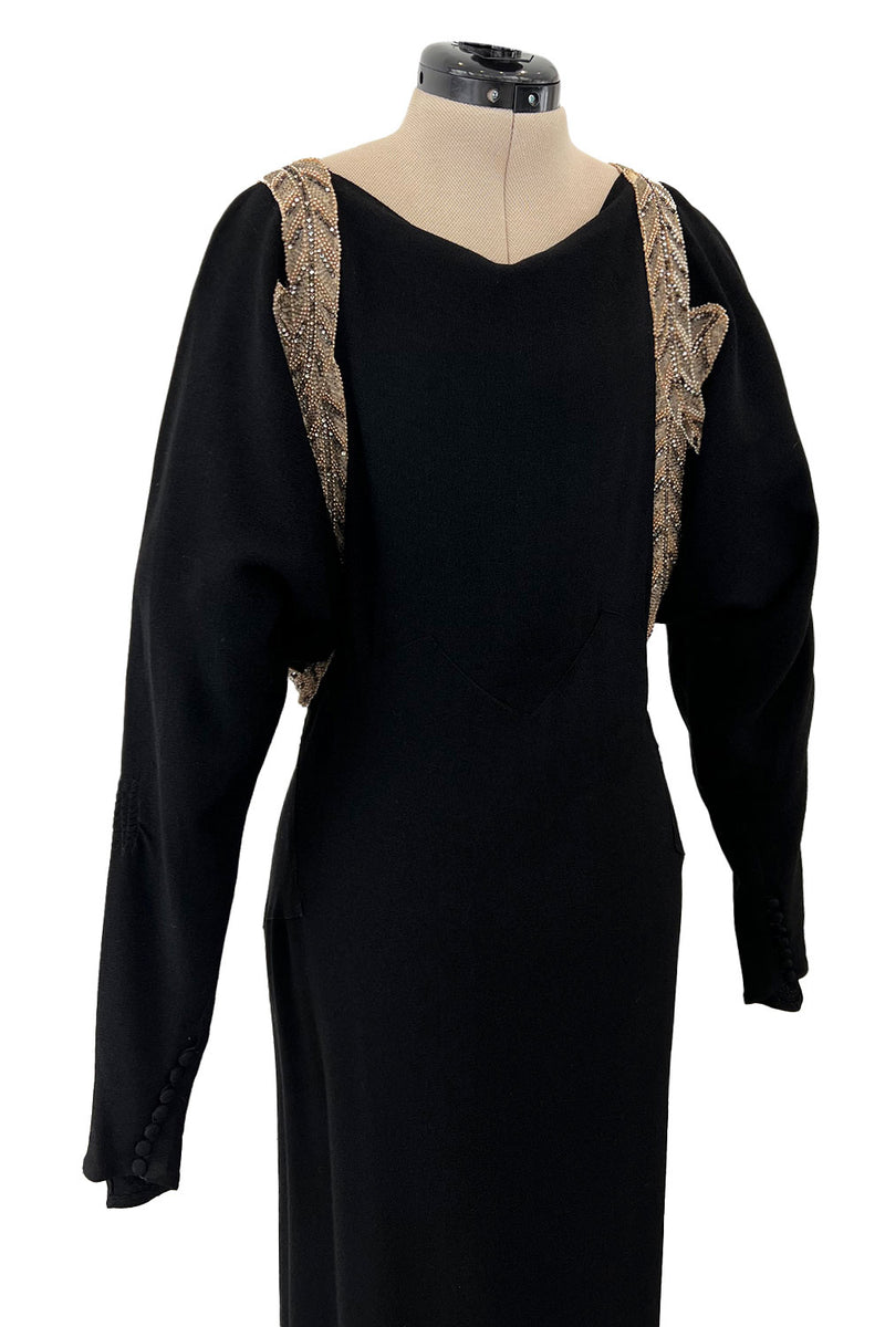 Fabulous 1930s Black Bias Cut Silk Crepe Dress w Unusual Rhinestone & Beaded Applique
