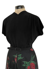Gorgeous 1930s Best & Co. Black Silky Rayon Top w Netted Over Floral Printed Swing Skirt