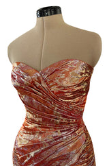 Fall 1988 Emanuel Ungaro Strapless Metallic Gold & Coral Dress w Flirty Ruffled Skirt