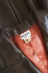 1980s Alaia Olive Leather Bustle Back Coat or Dress