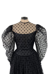 Early 1980s Pauline Trigere Velvet Dot on Net Dress w Exceptional Sleeves