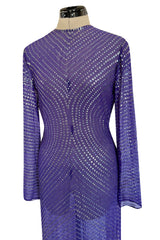 Incredible Late 1970s Halston Purple Transparent Silk Chiffon Dress w Iridescent Sequins