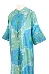 Gorgeous 1970s Pierre Balmain Soft Green and Blue Printed Thai Silk Caftan Dress or Evening Coat