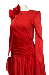 Rare 1970s Nina Ricci Haute Couture Trailing Angel Wing Sleeve Red Silk Dress