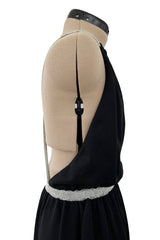 1970s Goldworm Black Knit Backless Dress w Silver Metallic Straps & Elastic Waist