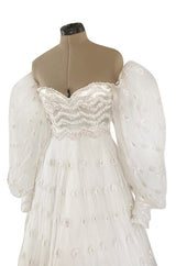 Documented 1979 Loris Azzaro Off Shoulder Balloon Sleeve White Net Dress w Chenille Detailing