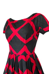 1950s Suzy Perette Black & Red Diamond Pattern Full Skirt Dress