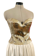 Glamorous 1976 Loris Azzaro Couture Strapless Metallic Gold Sequin & Silk Satin Dress