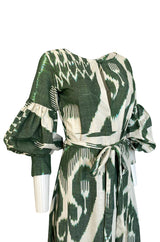 2018 Zazi Handmade Vintage Green & Ivory Cotton Ikat Caftan Dress