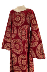1930s Franco Bertoli Hand Painted Gold Patterned Caftan Dress on A Deep Red Silk Velvet