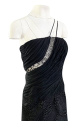 1970s James Galanos Couture Textured Puff Silk One Shoulder Dress w Transparent Lace Inset