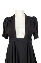 Iconic c.1969 Ossie Clark 'Bridget' Black Crepe Plunge Front Wrap Dress