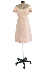 Late 1960s Malcolm Starr Butterfly Embroidered Collar Pale Pink Silk Shift Dress & Jacket Set