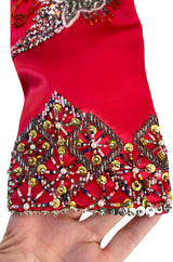 Fabulous 1960s Extensively Beaded & Sequin Front Zip Red Silk Satin Asian Jacket