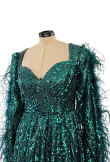1970s Unlabeled Green Sequin Dress w Dramatic Feather Trimmed Open Extra Long Sleeve