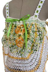 1960s Handmade Crocheted Crop Top w Longer Set Front & Flower Details