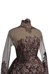 Extraordinary 1990s John Anthony Couture Deep Bronze Lace & Black Silk Netting Full Skirted Dress