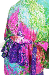 1970s Print Draped Silk Pauline Trigere Dress Set