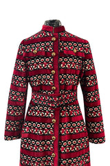 1960s Davidow Red Black & White Fused Cut Velvet Dream Carpet Coat w Matching Belt