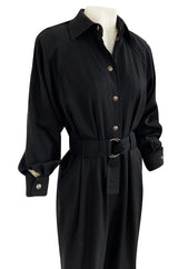 1980s Yves Saint Laurent Black Snap Front Flight Jumpsuit w Slip Belt
