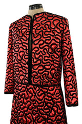 Documented Fall 1981 Chanel Red Metallic Silk Skirt & Jacket Set w Hand Applied Chenille Cording Detail