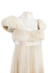 1964 Sarmi Ivory Knife Pleated Silk Chiffon Dress w Cream Mink Bodice & Silk Ribbon Detail