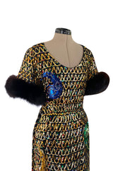 Late 1960s Oscar De La Renta Gold Sequin & Huge Paillettes Detailed Dress w Mink Cuffs