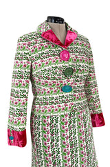 Fall 2005 Kenzo Defile Printed Pink & Green Floral Velvet Suit w Contrasting Lining