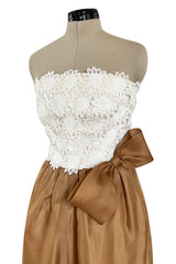 Prettiest 1994 Givenchy Couture Floral Crochet Bodice Dress w Gold Silk Skirting