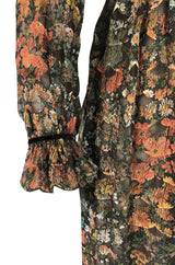 1960s Mignon Densely Embroidered on Brown Silk Chiffon Dress