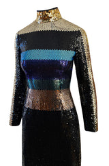 Late 1970s Pierre Cardin Blue Green & Gold Striped Black Sequin Dress w High Collar