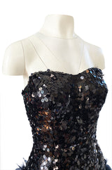 1970s Strapless Black Sequin Micro Mini Dress w Feather Hem
