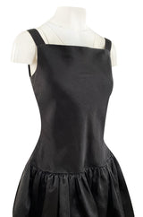 1980s Oscar De La Renta Black Silk Taffeta Dropped Waist Full Skirt Dress w Button Back