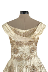 Incredible 1950s Ceil Chapman Ivory Silk Satin Dress w Gold Metal Ribbon Detailing