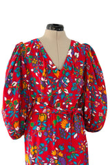 Prettiest Spring 1983 Yves Saint Laurent Runway Printed Floral Red Silk Dress w Tie Belt
