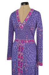 Gorgeous 1960s Bessi Light Purple & Pink Printed Silk Jersey Dress w V Neck & Slit Front