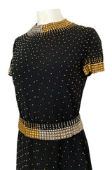 1971-73 Donald Brooks Brass and Silver Stud & Bead Black Crepe Dress