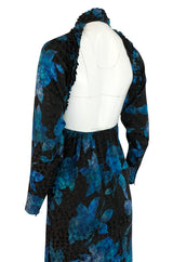1970s James Galanos Backless Blue Floral Print Ruffled Silk Dress