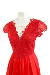 Resort 2015 Alberta Ferretti Red Silk Organza & Embroidered Lace Open Cut Work Dress