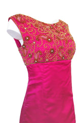 1960s Malcolm Starr Vibrant Pink Silk Satin Dress w Beaded Bodice